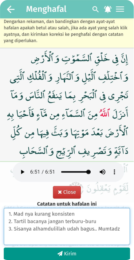 Fitur Koreksi Hafalan